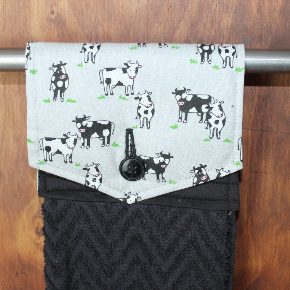 COW GRAY & BLACK PRINT HANDMADE HANGING KITCHEN HAND TOWEL BLACK COTTON TOWEL